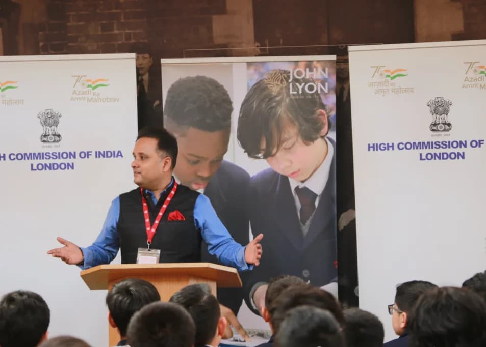 Amish speaking at John Lyon School, Harrow