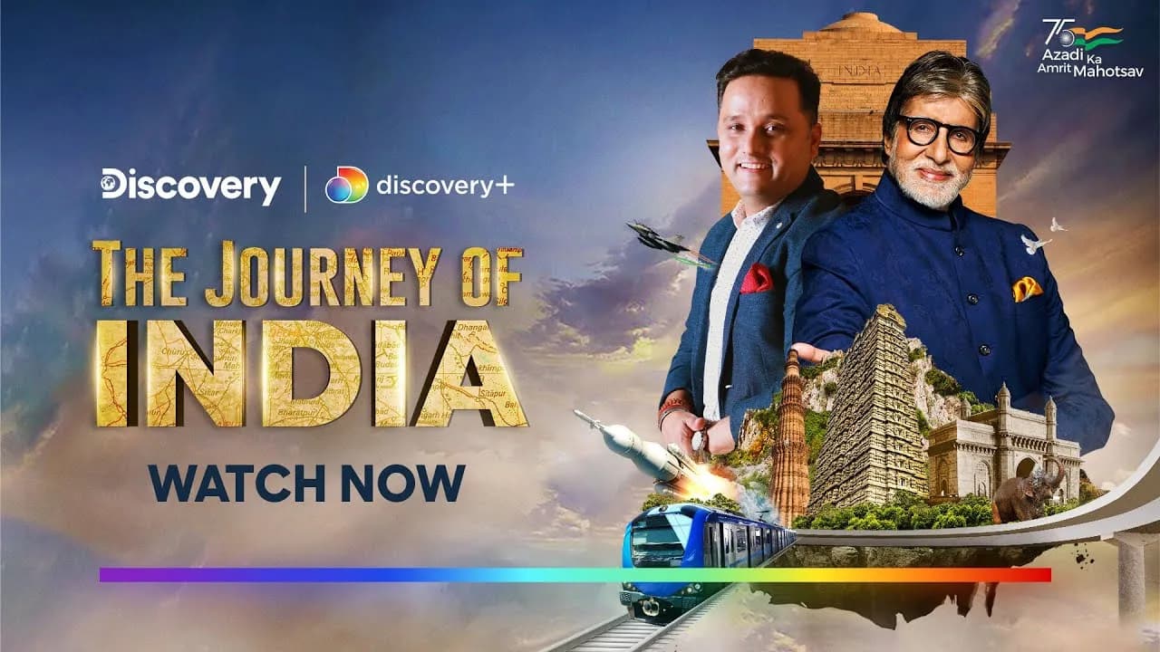 The Journey of India — Warner Bros. Discovery key art with Amitabh Bachchan and Amish